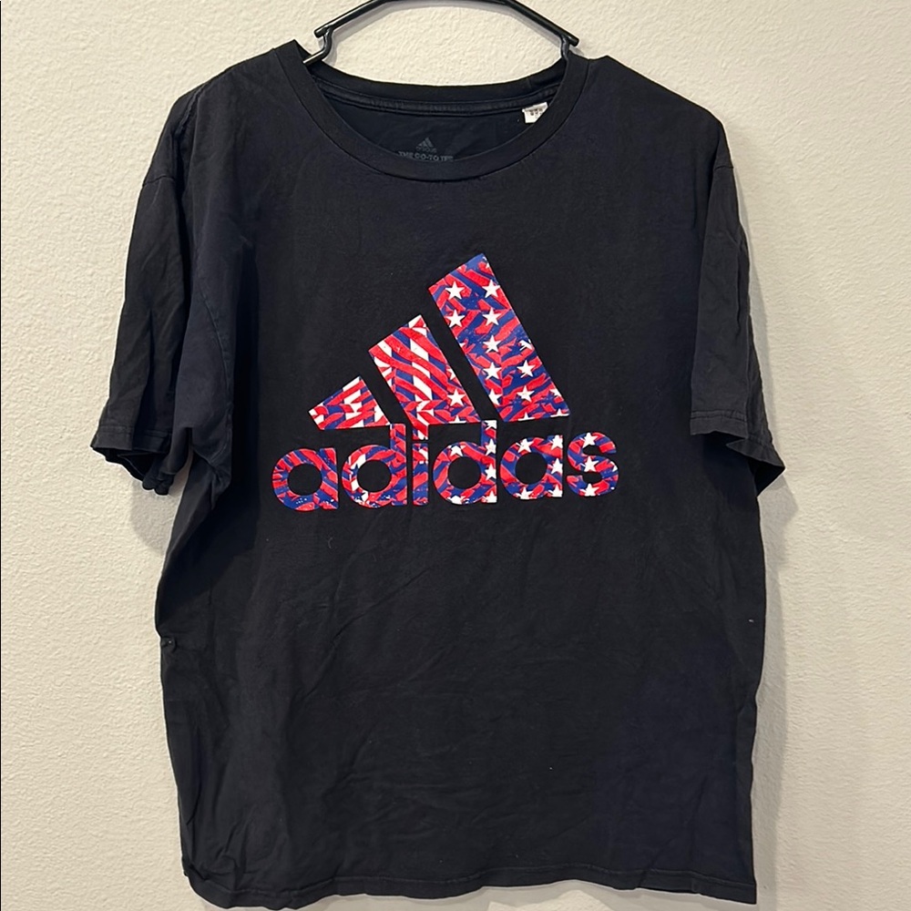Adidas Black Tee with Red and Blue Logo
